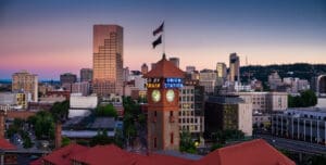 Stitched panoramic shot of Union Station in Downtown Portland, Oregon from the air.
